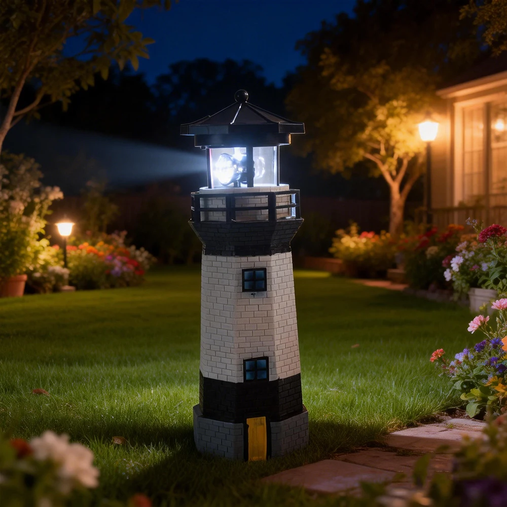 Lighthouse Solar LED Light Garden Fence Yard Outdoor Adornment Beacon Rotating Lamp Decoration Landscape Courtyard Lights