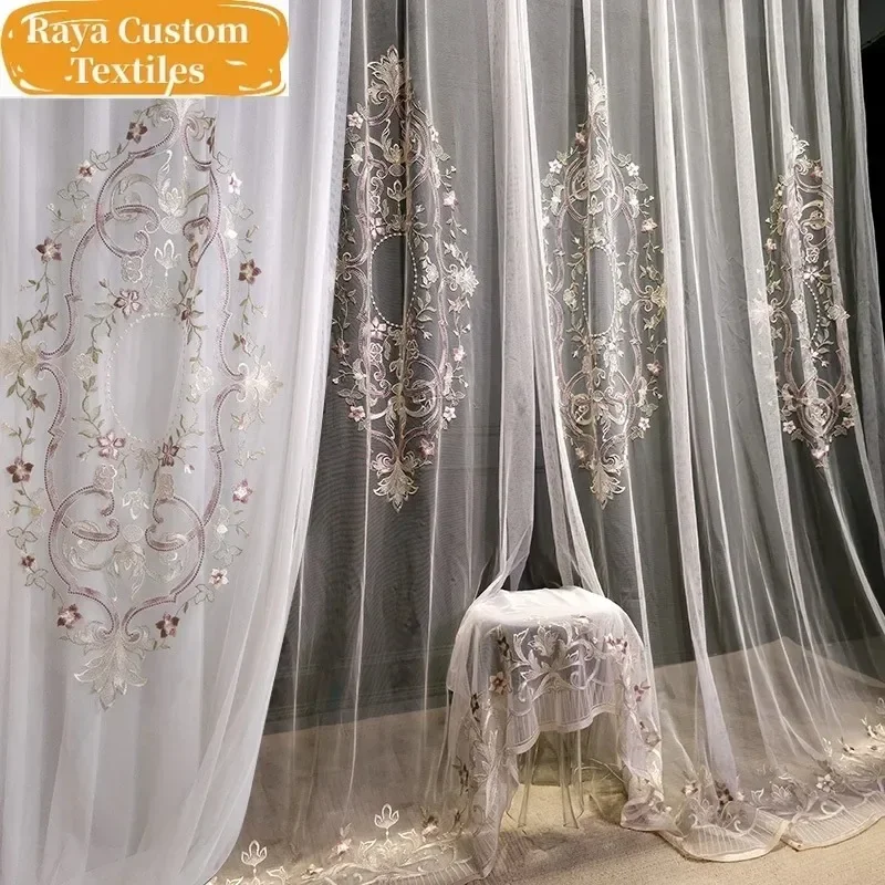 Embroidered Tulle  Curtains for Living Dining Room BedroomFrench Light Luxury Modern Bedroom New Curtain Veil Custom White Tulle
