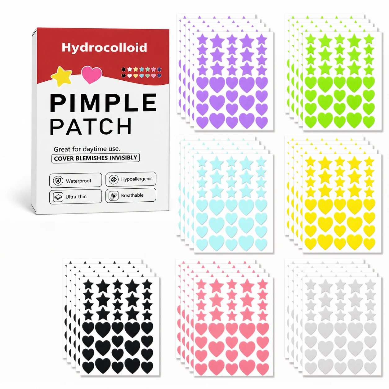 252/756/1260PCS Hydrocolloid Pimple Patches, 7 Colors Star & Heart Face Stickers, Ultra-Thin Waterproof Day & Night Use