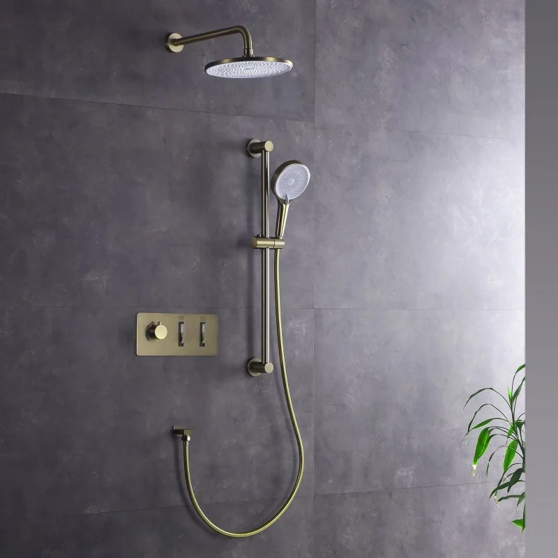 

Brushed Gold Thermostatic Bathroom Shower Faucet Brass Gray Bathroom Rainfall Shower Faucet Wall Mount Bathtub Shower Faucet