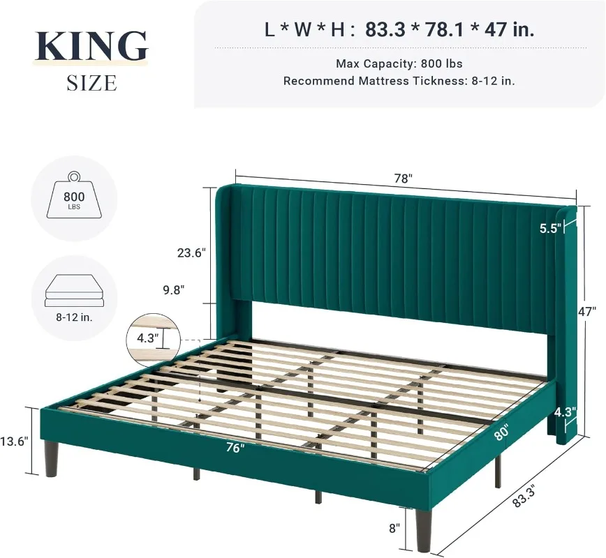 King Size Bed Frame Velvet Upholstered Platform Bed Vertical Channel Tufted Wingback Headboard Easy Assembly Teal