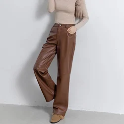 2024 Leather Long Pants Women New Commuter Waist Slim Sheepskin Wide Leg Full Length Straight Cylinder Trousers