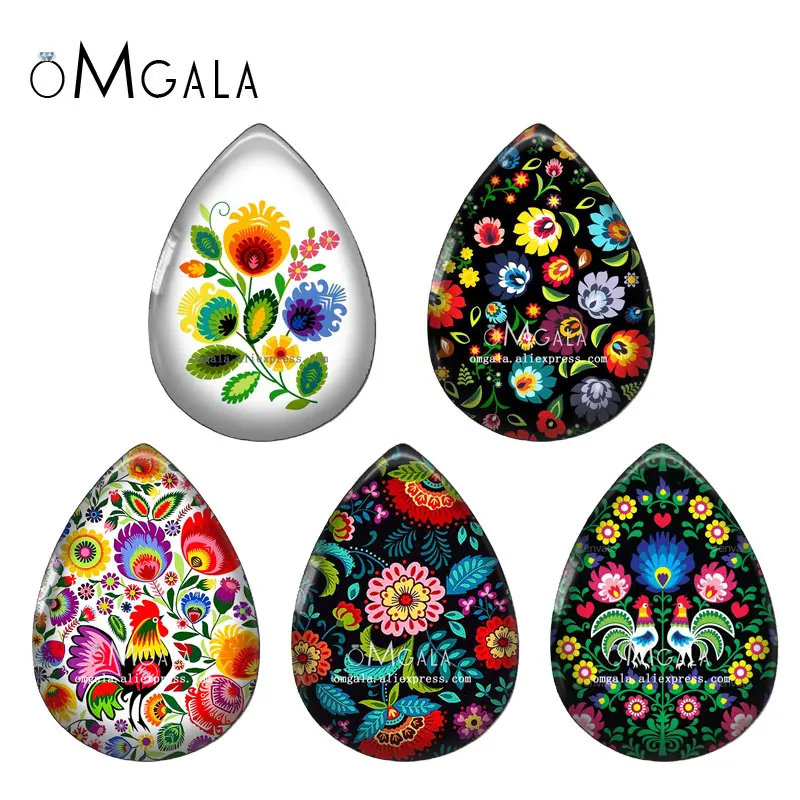 Fashion Floral Poland Folk Art Flowers Patterns 13x18/18x25mm Photo Glass Cabochon Flat Back For DIY Jewelry Making Findings