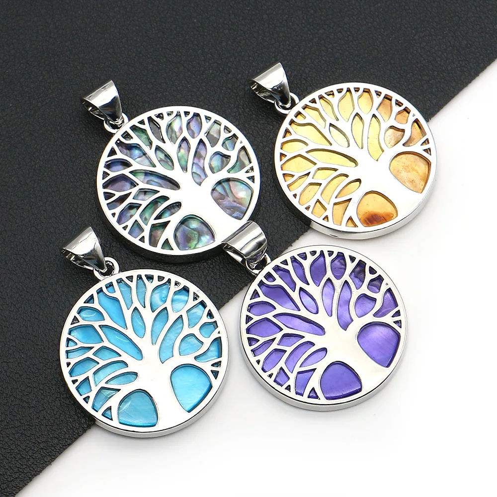 Life Tree Colored Shell Necklace Pendant Silver Edge Hollow Design Bohemian Style Wear Essential DIY Necklace Jewelry Accessorie