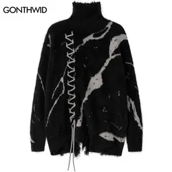 2023 Men Turtleneck Sweater Streetwear Distressed Knitted Sweater Ripped Hole Hip Hop Retro Pullover Harajuku Sweater Soft Black