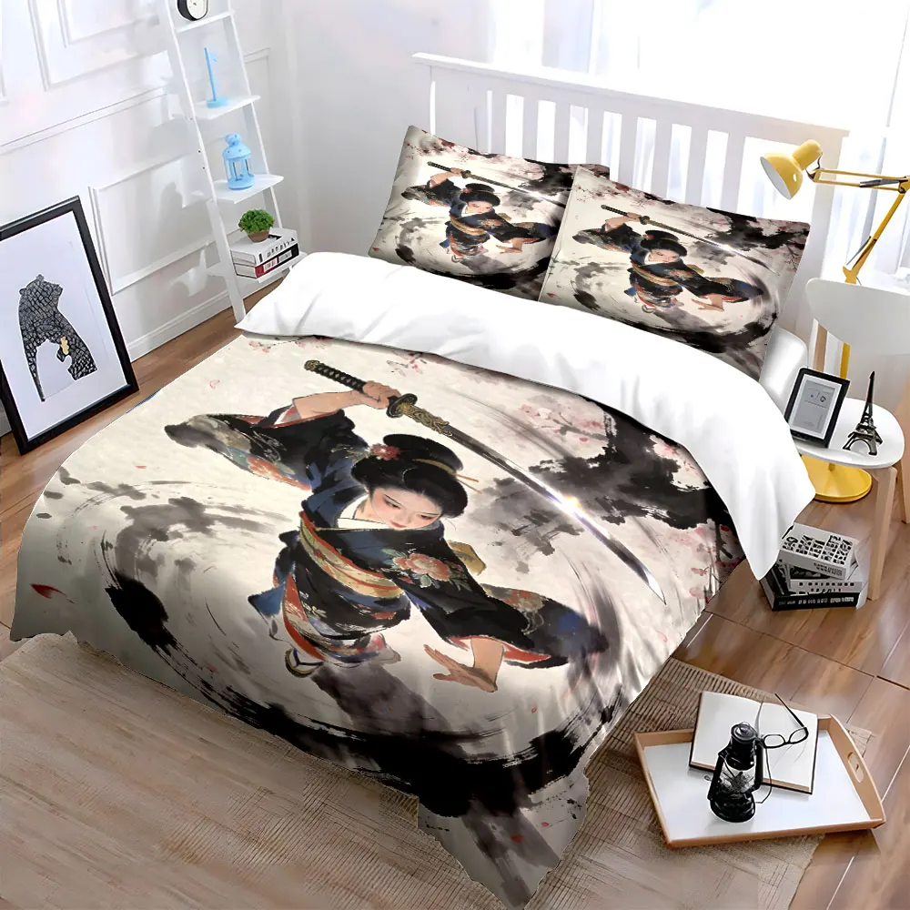 Samurai under cherry blossoms Print Bedding Set 1 Duvet Cover 2 Pillowcases for Adult and Children Luxury Gift Full Size