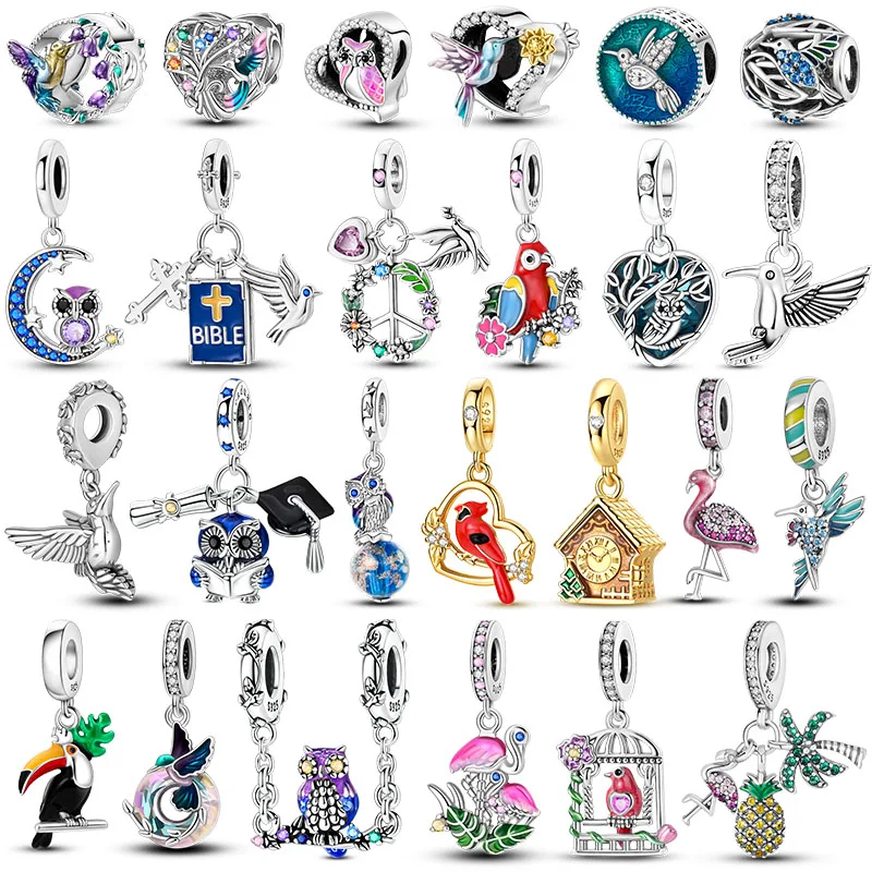 2026 Novo Pingente de Coruja Colorida em Prata Esterlina 925 com Zircônia, Berloque de Pássaro para Pulseira Original DIY, Contas de Animais, Presente de Aniversário Feminino