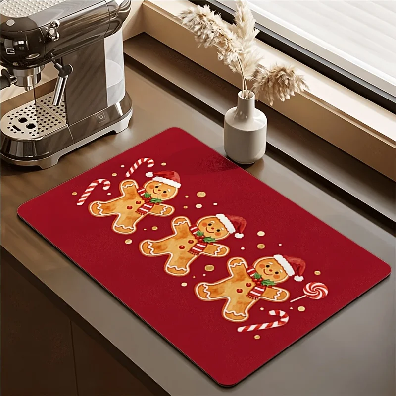 Holly Red Berry Green Leaf Print Durable Washable Kitchen Sink Drying Mat For Vintage Holiday Home Layer