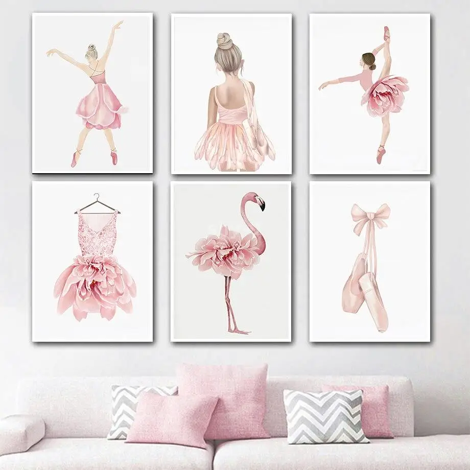 Cuadro de ballet de flamencos en acuarela sobre lienzo, estilo nórdico, con zapatos de baile y falda, impresiones de pared para decoración de habitación de niñas
