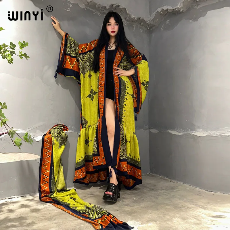 WINYI new Africa boho print dress with belt for women Dubai Muslim Dashiki abaya holiday maxi coat evening dress beach kimono