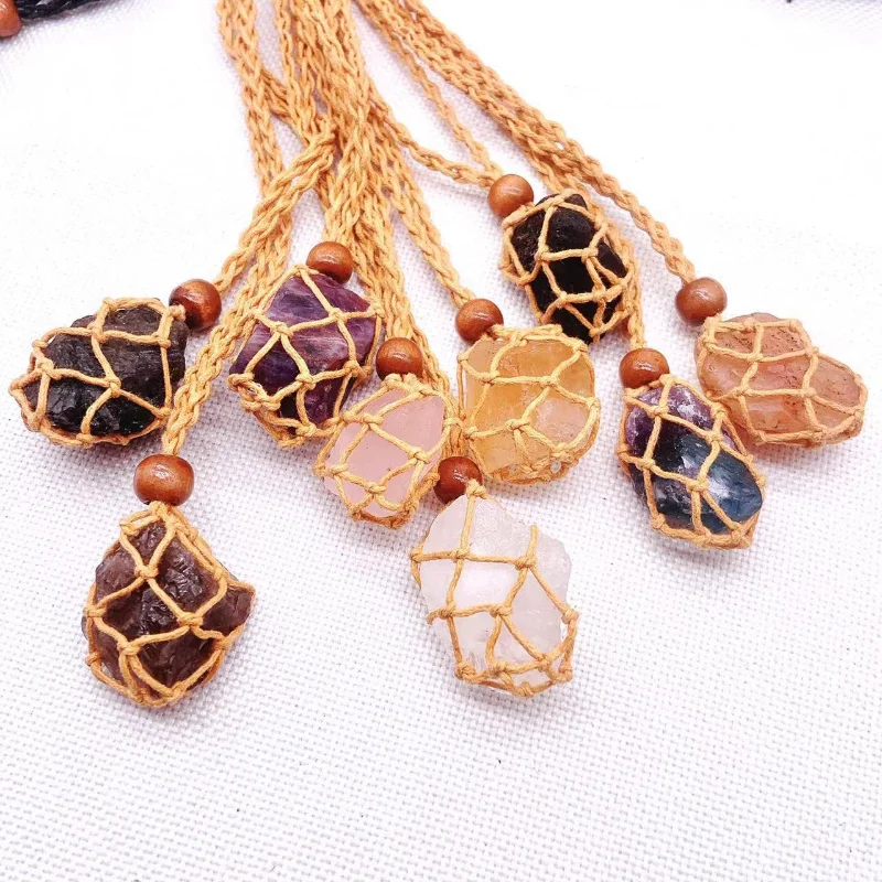 

Wrap Braid Net Macrame 7 Color Healing Raw Energy Stone Pendant Black Brown Cord Holder Wax Rope Necklace Natural Quartz Jewelry