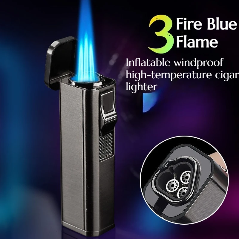 

Three Flames Shoot Straight Out Inflatable Anti-wind Lighter Emitting A High-temperature Blue Flame Cigar Accessories