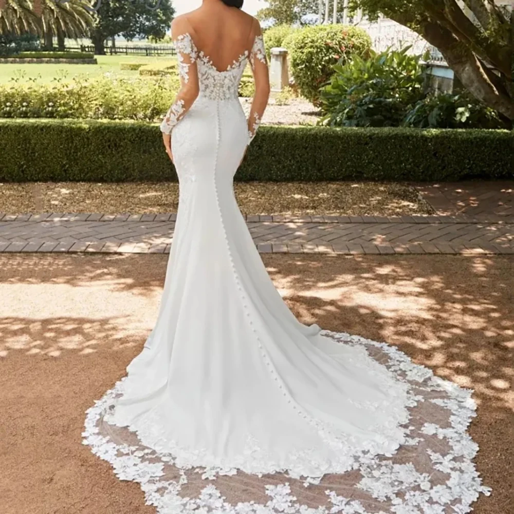 Abito da sposa lungo elegante a sirena con scollo a cuore 2025 Abiti da sposa in pizzo con applicazioni senza spalline bianche a maniche lunghe personalizzati