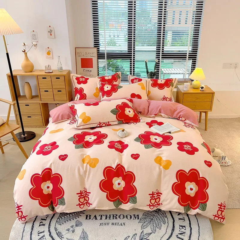 

Red Floral Duvet Cover Twin Queen Romantic Love Heart Pattern Bedding Set Cotton Reversible Pink Quilt Cover with 2 Pillowcase