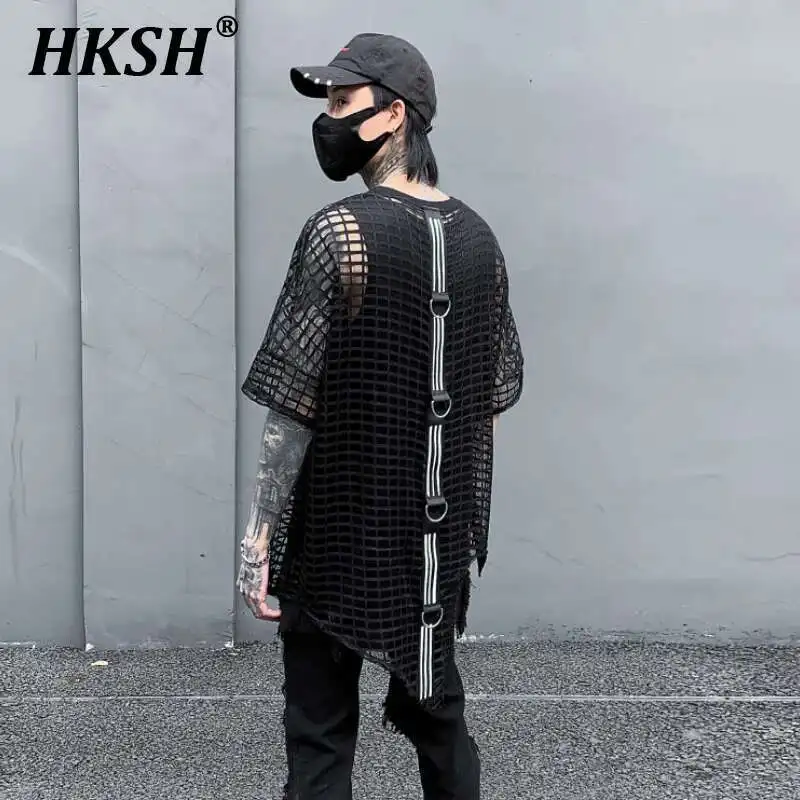 

HKSH весна-лето Новинка темные ажурные мужские сетчатые футболки с коротким рукавом модный шикарный пуловер с круглым вырезом футболки неправильной формы HK0145