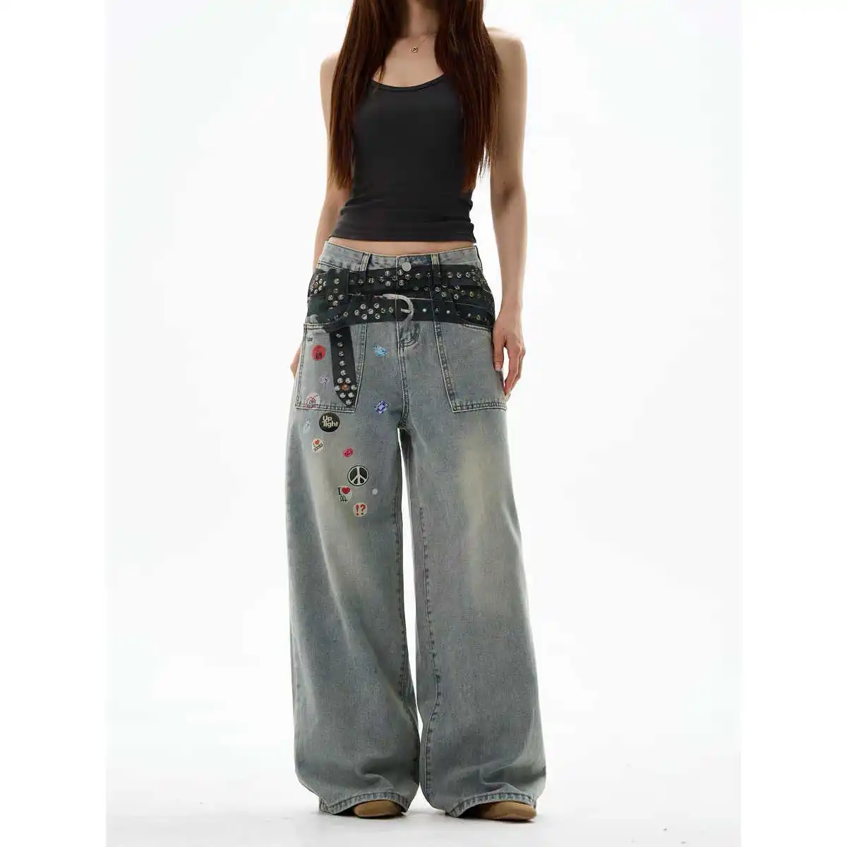 

Blue Jeans Women Y2K Hip Hop Vintage High Waisted Jeans Straight Streetwear Casual Oversized Large Size Wide Leg Denim Pants