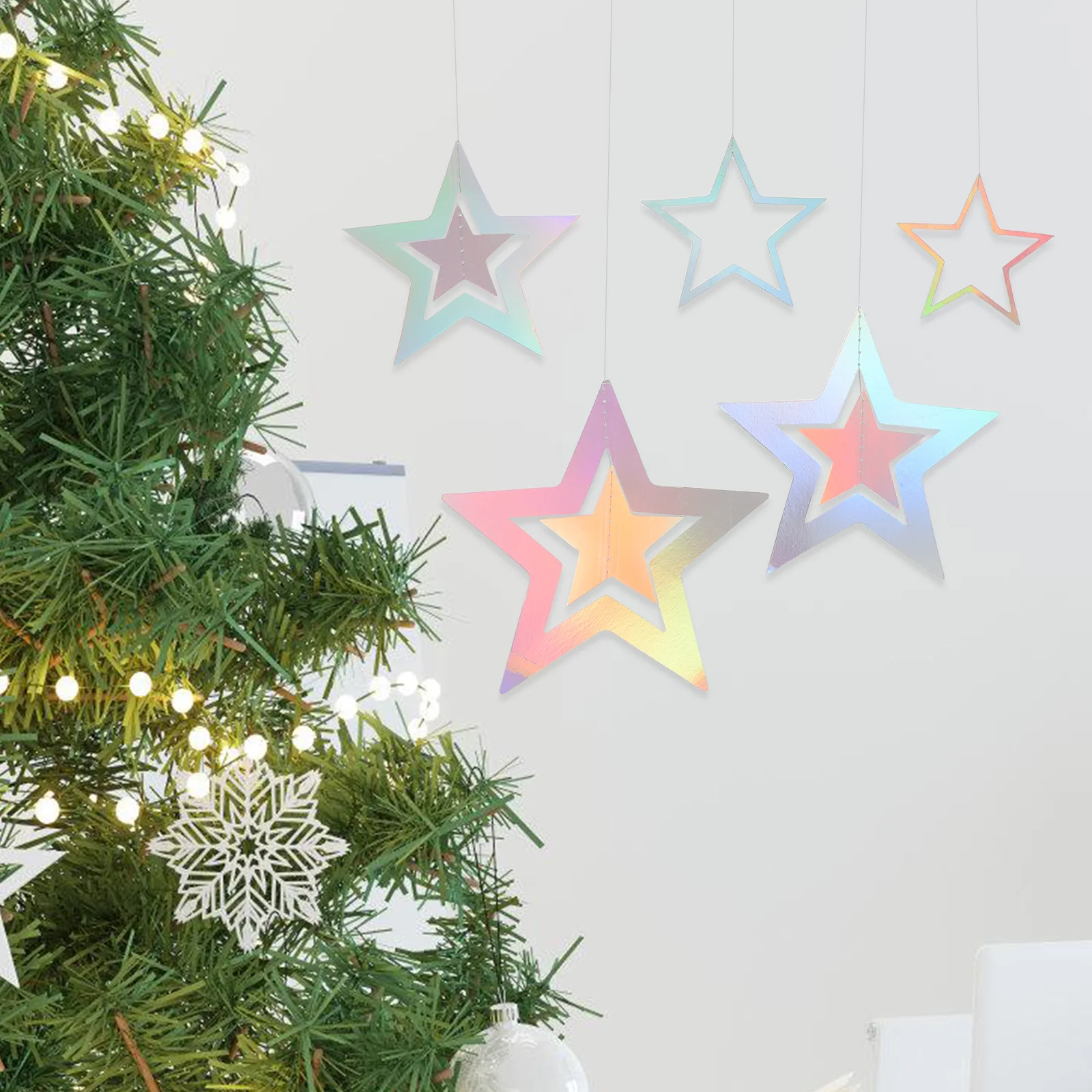15pcs Holographic Five-Pointed Star Garland Laser Cut Ceiling Hanging Party Decorations For Christmas Birthday Wedding Baby