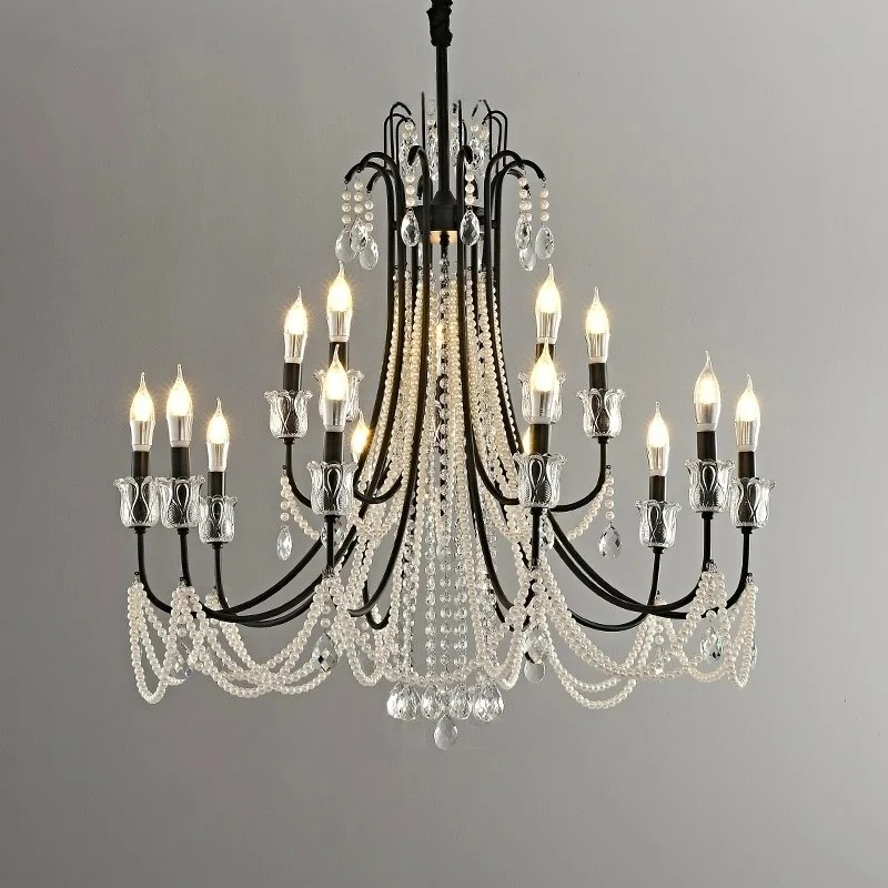 French Luxury Crystal Living Room Chandelier, Retro Black Villa, Duplex, Elevated High-rise Staircase, Grand Hotel