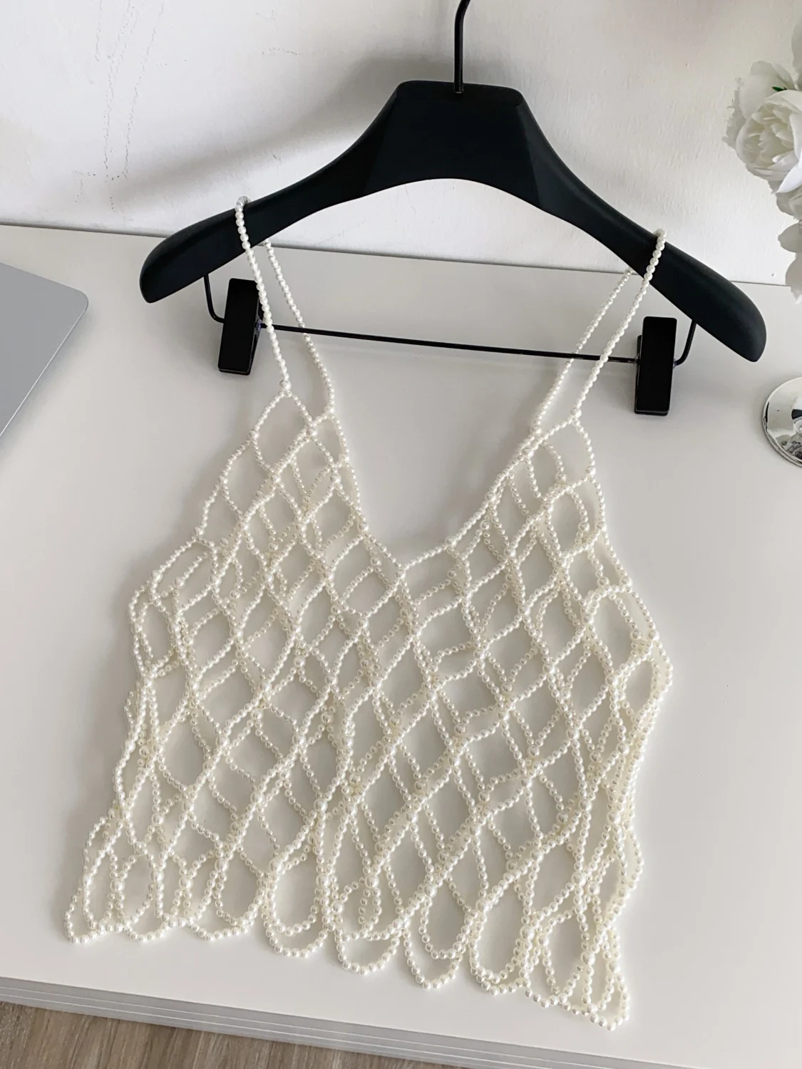Summer Pearl Design Women's Tank Top Vest Heavy Work Strapl Hollow out Outerwear Ele Lady Sle Casual Wear Polyester