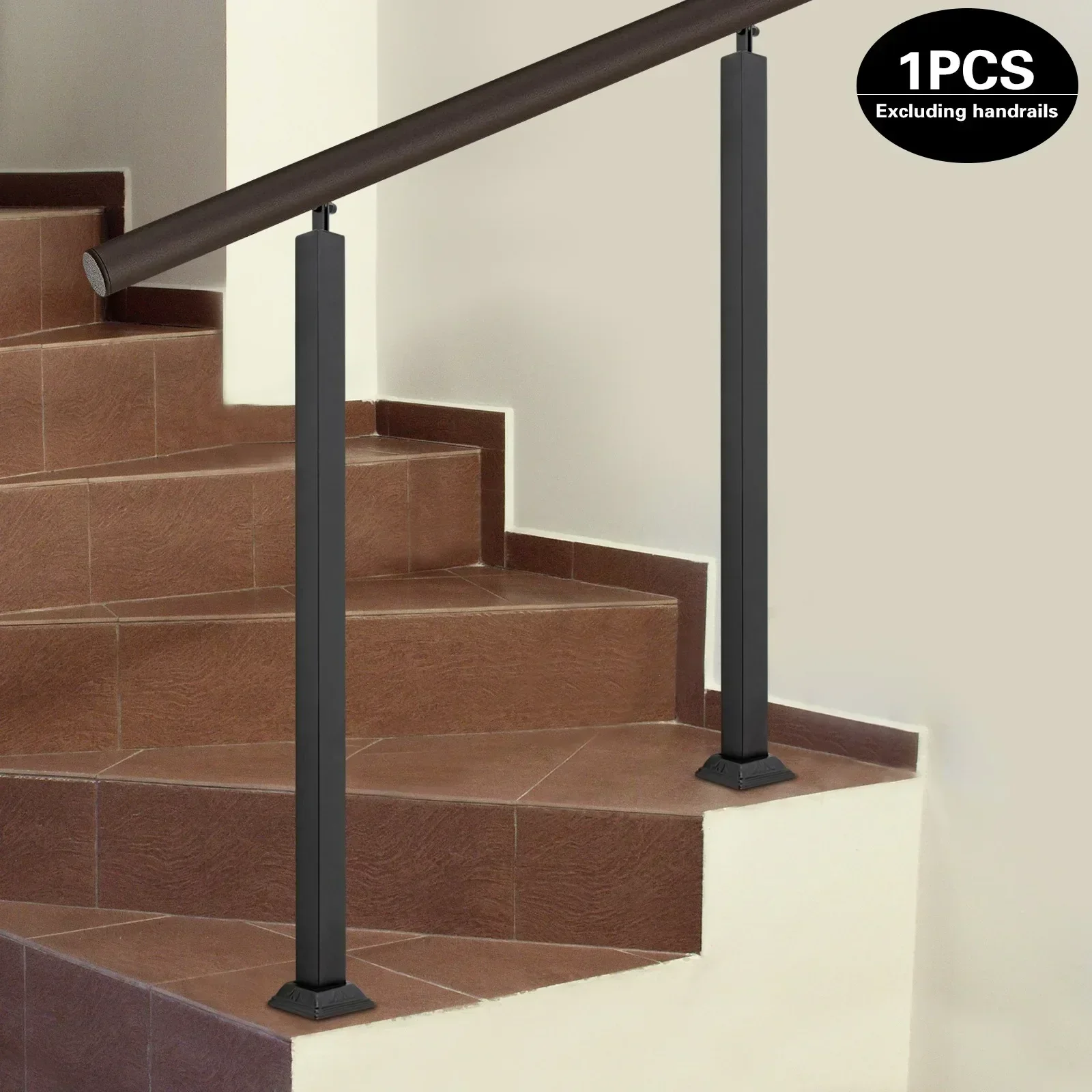 Black Square Metal Railing Spindles with Flat & Adjustable 270° Angle Bracket, Banister Column for Deck&Steps, Stairs Remodeling