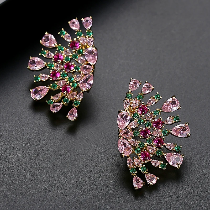 LUOTEEMI Korean Fashion Big Flower Cubic Zirconia Stud Earring for Women Unusual Pink Stones Jewelry for Bridal Wedding Luxury