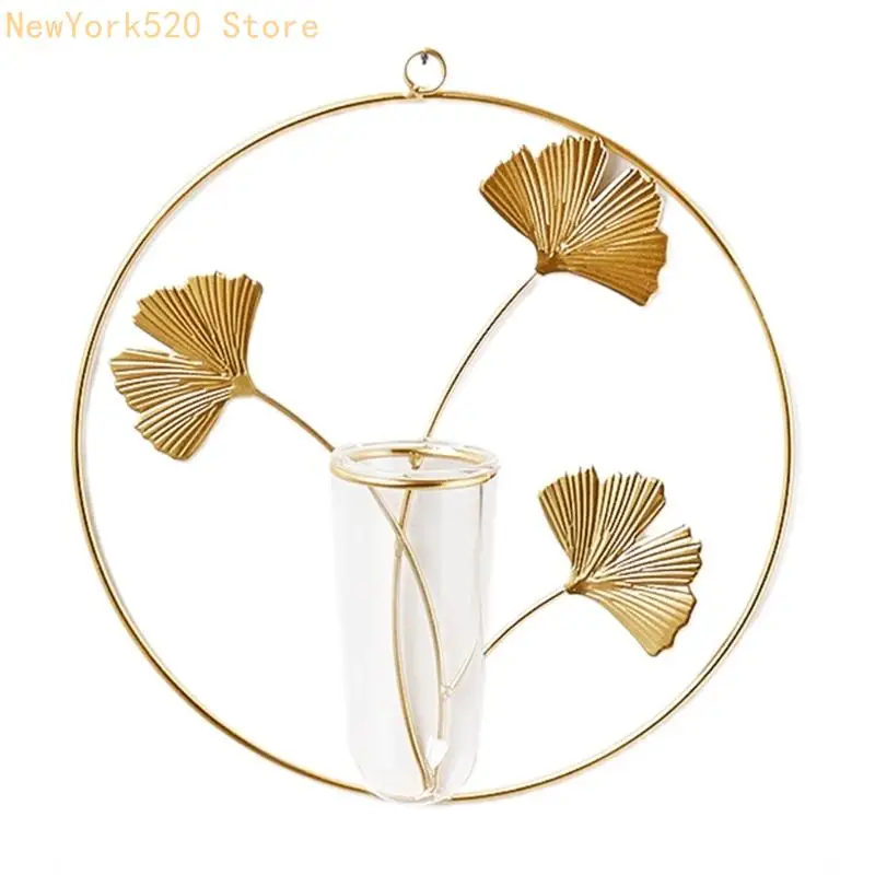 Wall Hanging Plants Vase with Metal Ginkgo Frame Stand Geometric Glass Test Tube Hydroponic Planters