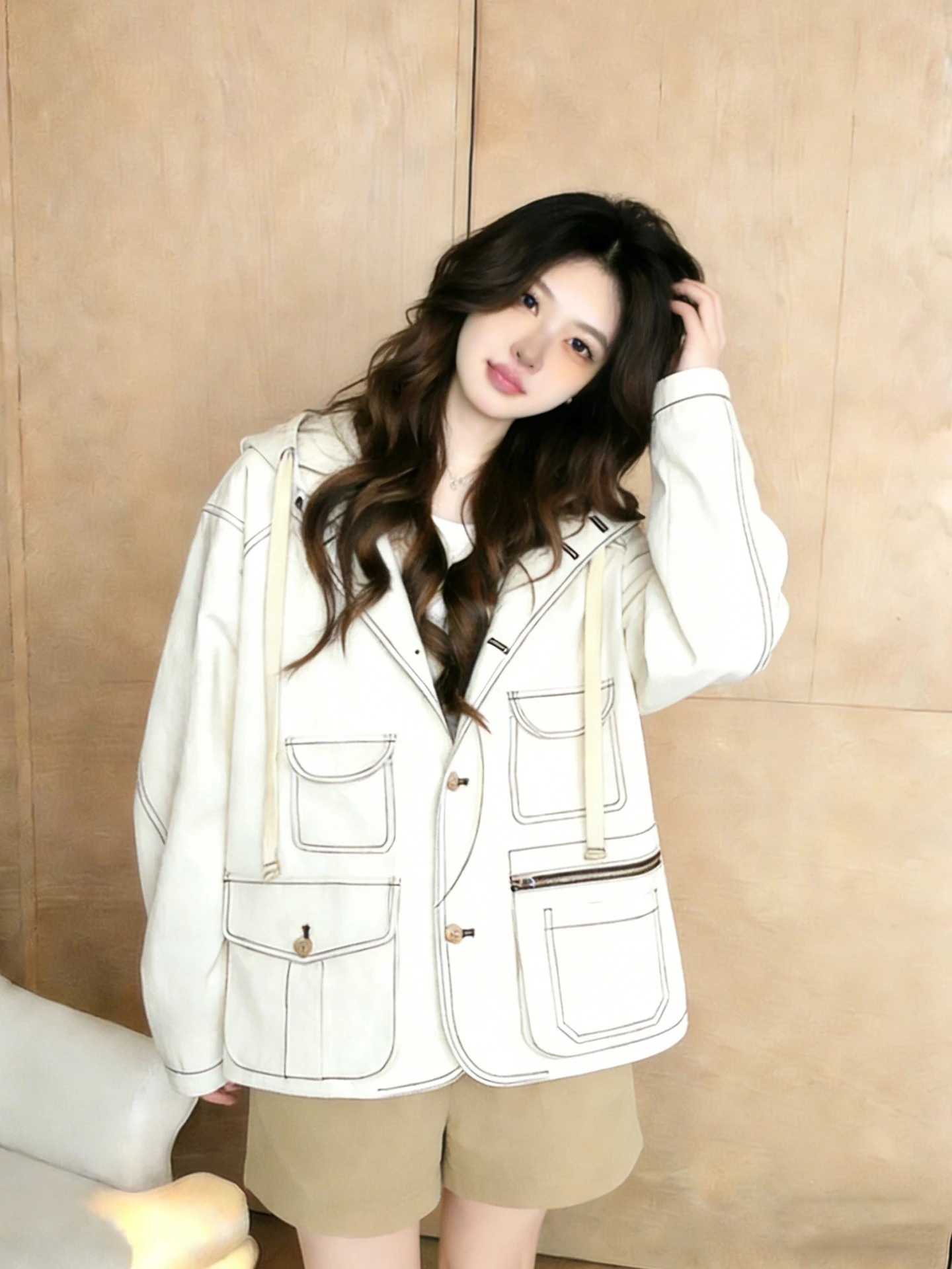 

Свободная женская джинсовая куртка в полоску с цветовыми блоками, весна 2026, модный топ с капюшоном в корейском стиле, для повседневной носки, с длинными рукавами