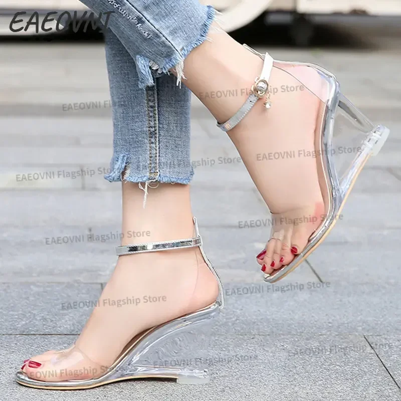 EAEOVNI Women\'s sandals strap transparent brand large size high heels new wedge sandals fashion sexy Korean version