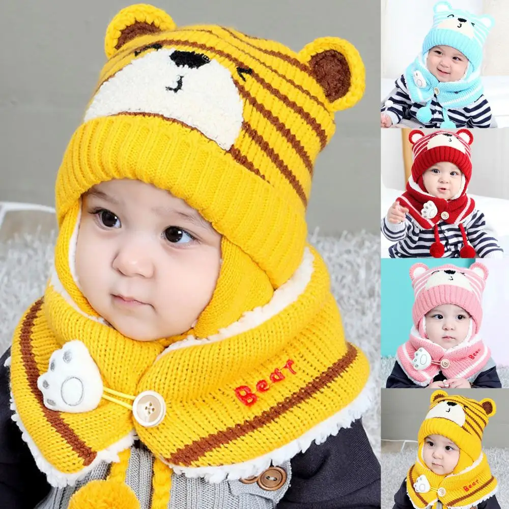 Gorro de punto a rayas de dibujos animados para bebé, bufanda de hilo de lana, orejera, conjunto de mantenimiento para exteriores, Unisex, 6M-34M,