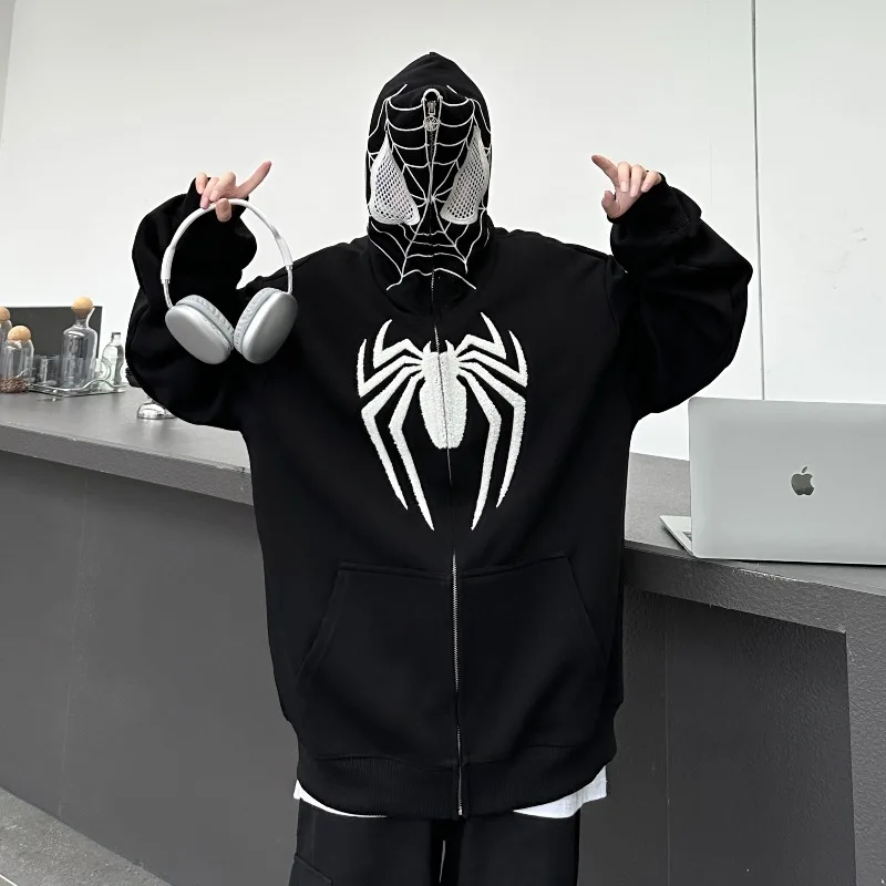 American Retro Spider Embroidery Hoodie Women Design Sense High Street Oversize Sweatshirt Harajuku Loose Zipper Hoodies Men