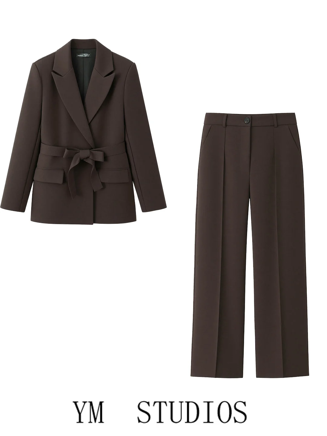 Business Style Coffee Belted Women's Suit Outerwear And Pants Set Slimming Long Pants for Office Work Polyester Fiber