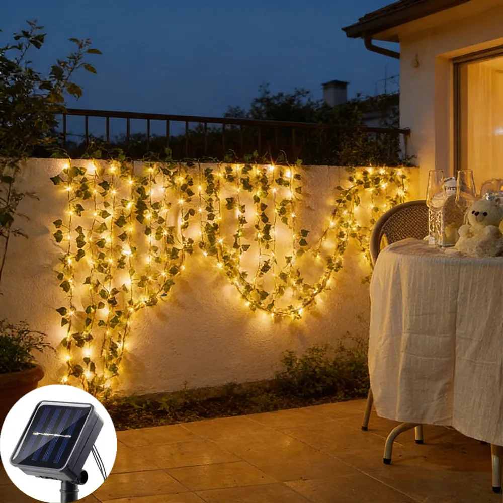

Solar Festoon LED Artificial Green Leaf Light String Outdoor Party Garden Fairy Garland Light Wedding Yard Wall Fence Decoration