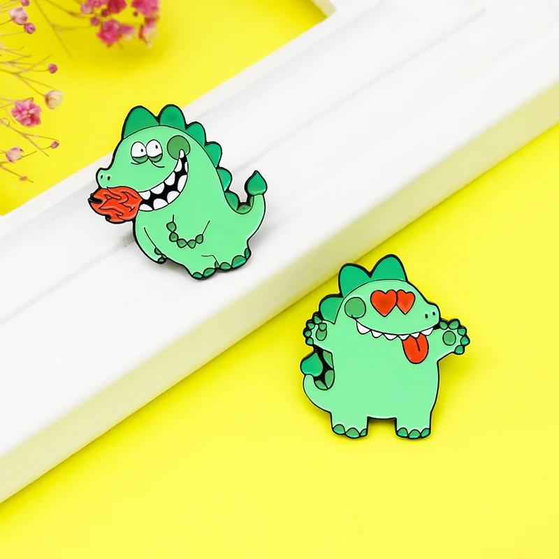 Cartoon Green Dinosaur Fire Breathing Dragon Red hearts Dragon Enamel Pins For Friends Lovers Brooches Lapel Jewelry Wholesale