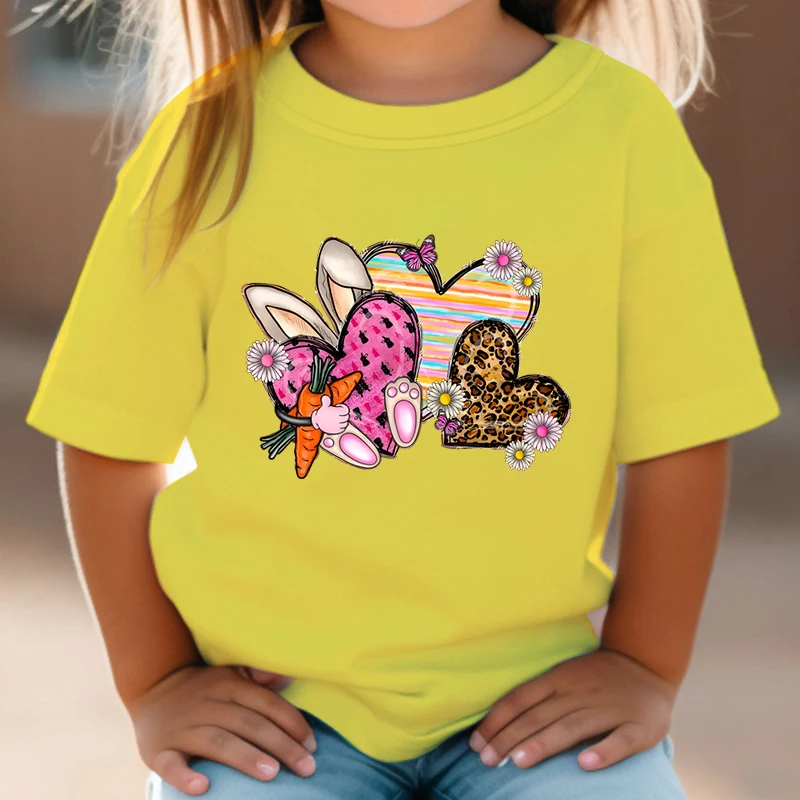 2025 Summer Leopard Bunny Print Heart T Shirt Kids Cartoon Short Sleeve T-Shirt Fashion Cute Trend Children Boy Girl Tshirt Tops