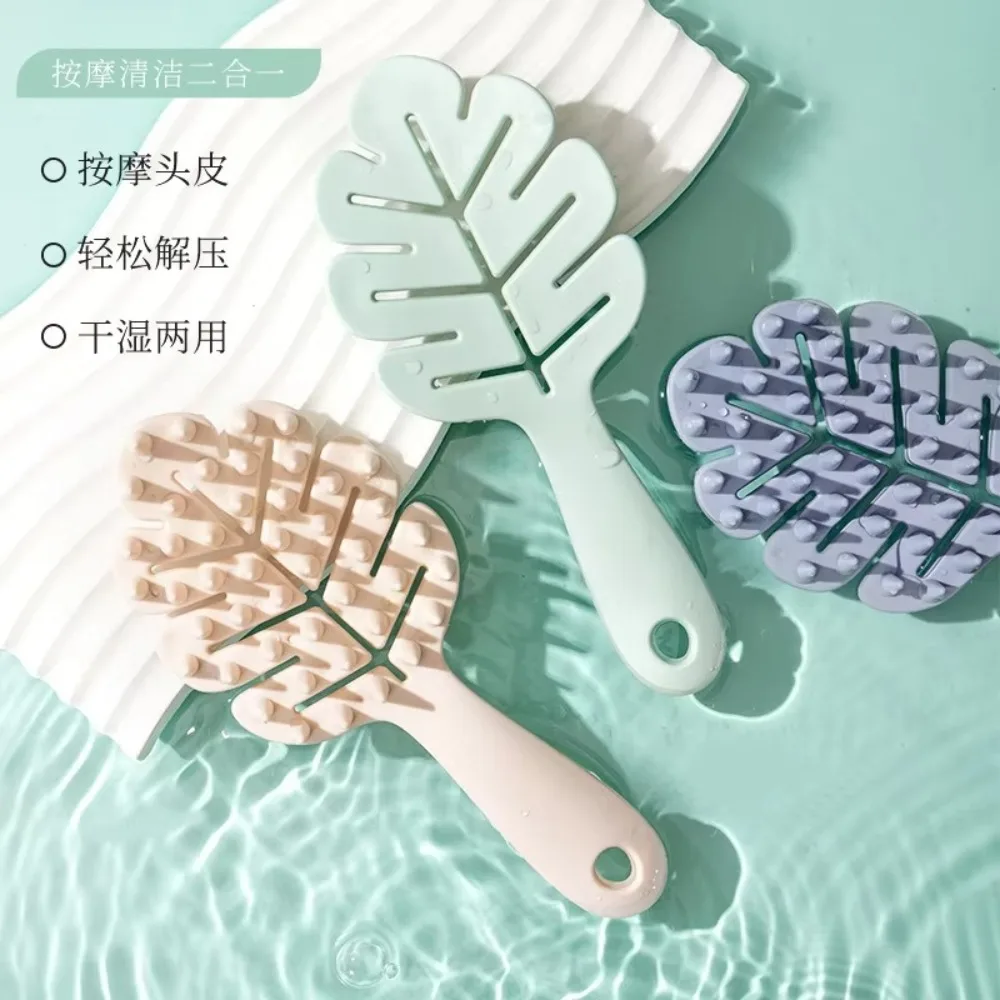 Fashion Hair Styling Scalp Massage Comb Hair Care Silicone Bristles Hair Scalp Massager Leaf Shape Long Handle Scalp Brush