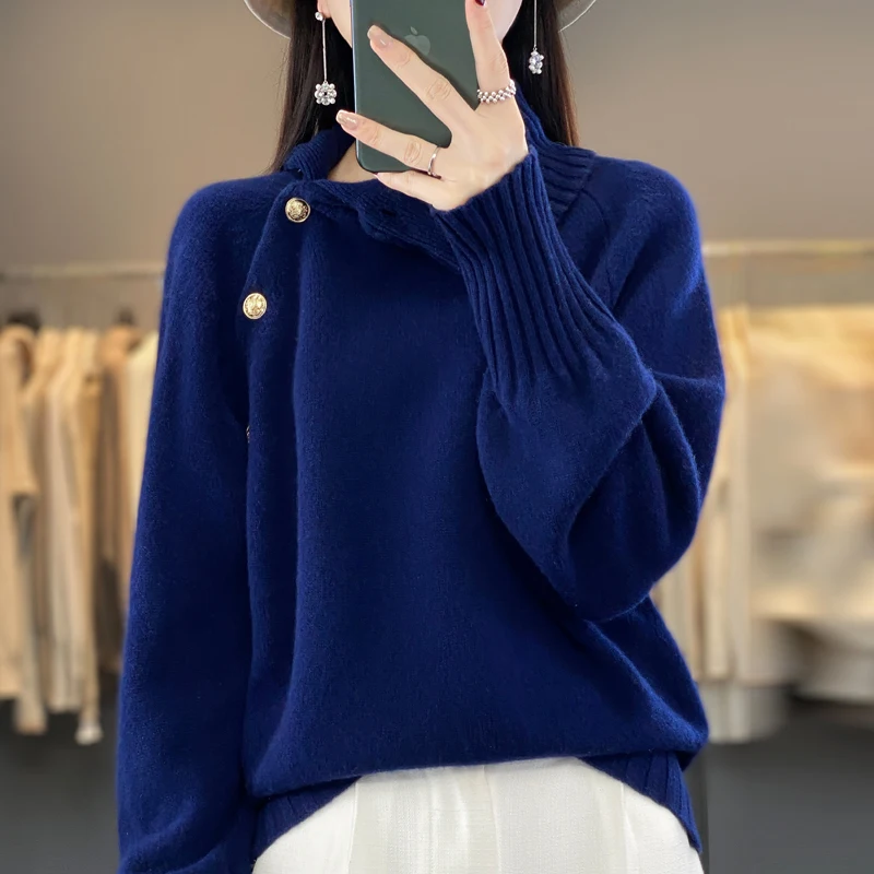 Women\'s High Collar Knitted Pullover, 100% Wool Sweater, Monochromatic, Long Sleeves, Warm and Hot Selling, Autumn and Winter