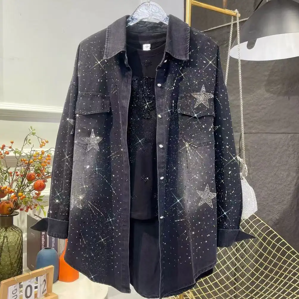 Luxury Style Sparkle Star Diamonds Hot Drilling Denim Coat For Women's Loose Casual Fashion Denim Jacket Top Woman Clothes