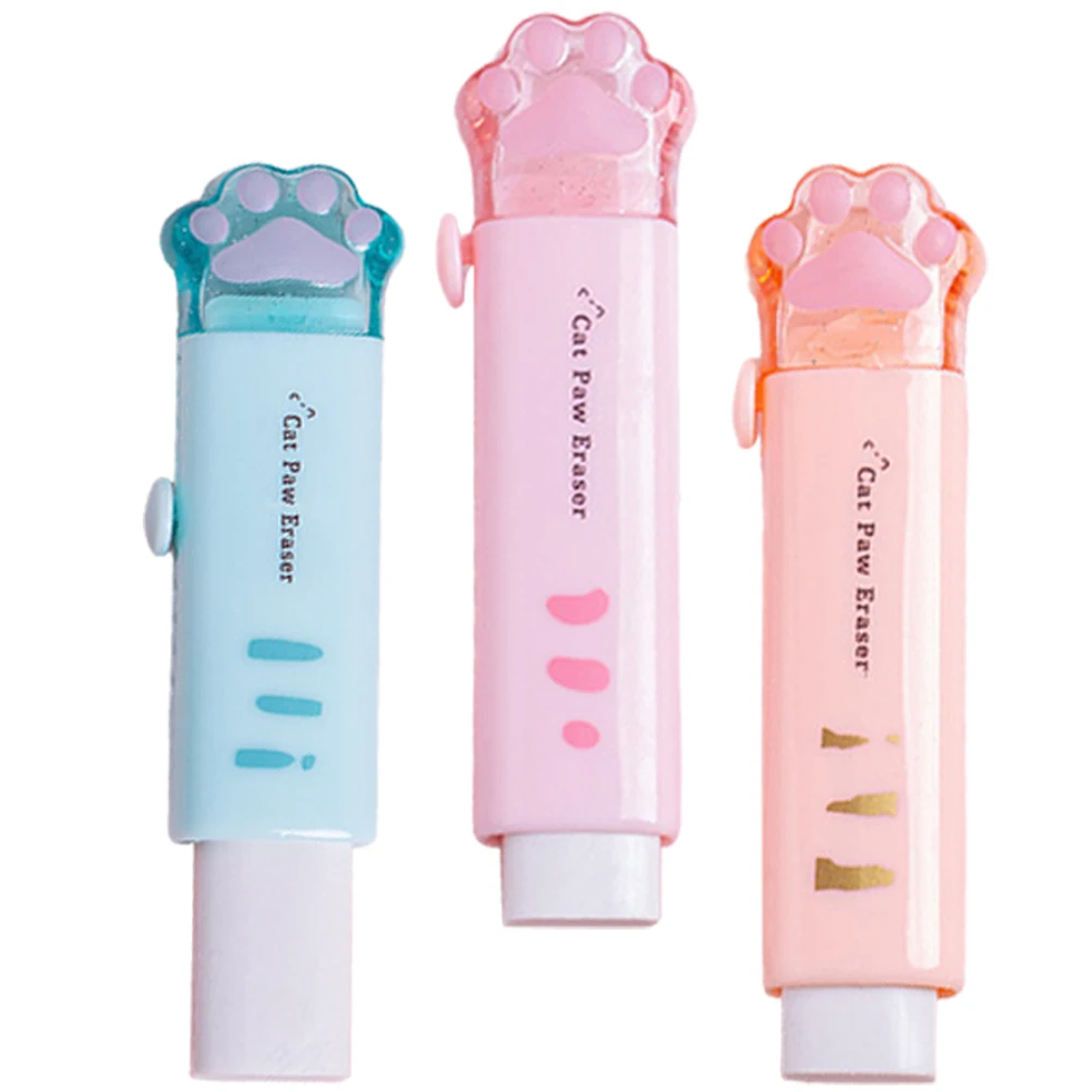 

3pcs Cat Paw Erasers Retractable Kawaii Cute Stationery Bulk Rubber For Pencils Students Lightweight Portable Cartoon School