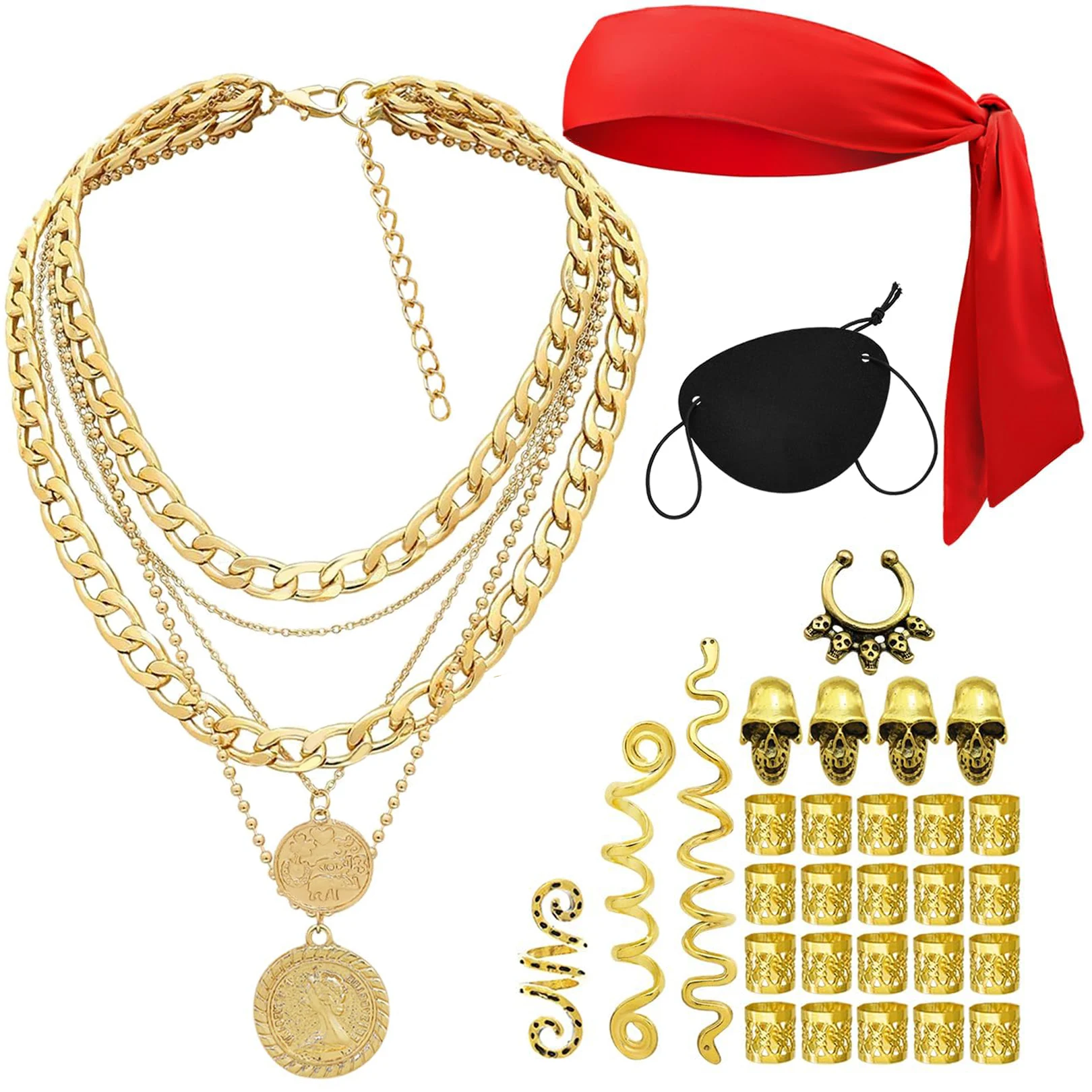 Accesorios de Disfraz Vikingo Pirata: Collar en Capas, Pañuelo, Parche para Ojo, Anillo de Nariz de Calavera Sin Perforación, Barba y Pelo para Hombre, Atuendo de Cosplay