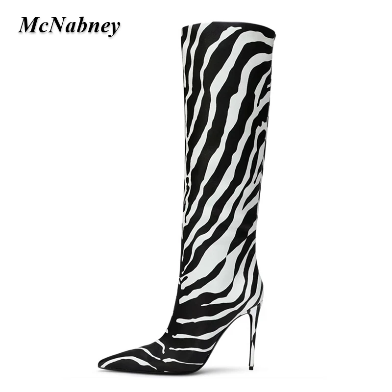 

Sexy Women Zebra Leopard Print Knee High Boots Multicolored Pointed Toe High Heels Side Zipper Ladies Stiletto Dress Party Shoes