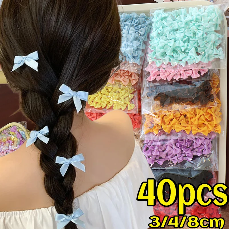 40pcs 3/4/8cm Ribbon Bow Hair Clip Sweet Bowknot Cute Girls Female Hairpin Fashion Barrettes Lovely Headwear Hair Grip Bobby Pin