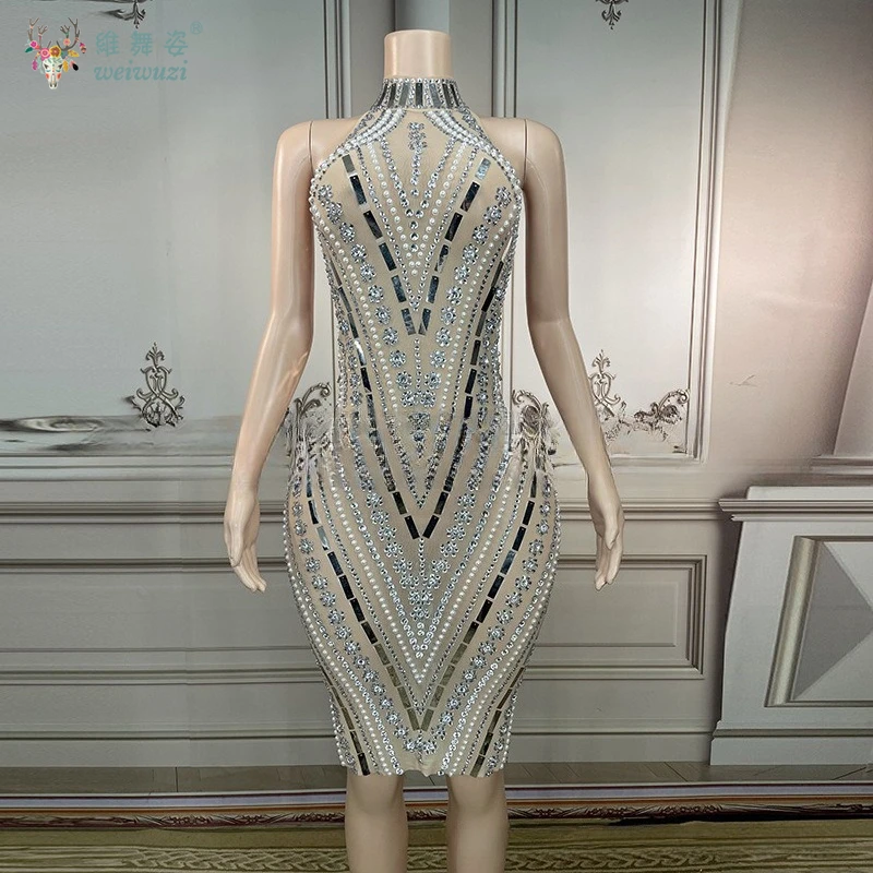 Heavy Industry Diamond Stripe Water Diamond Festival Banquet Party Dress High Collar Sleeveless Sexy Slimming Evening Dress