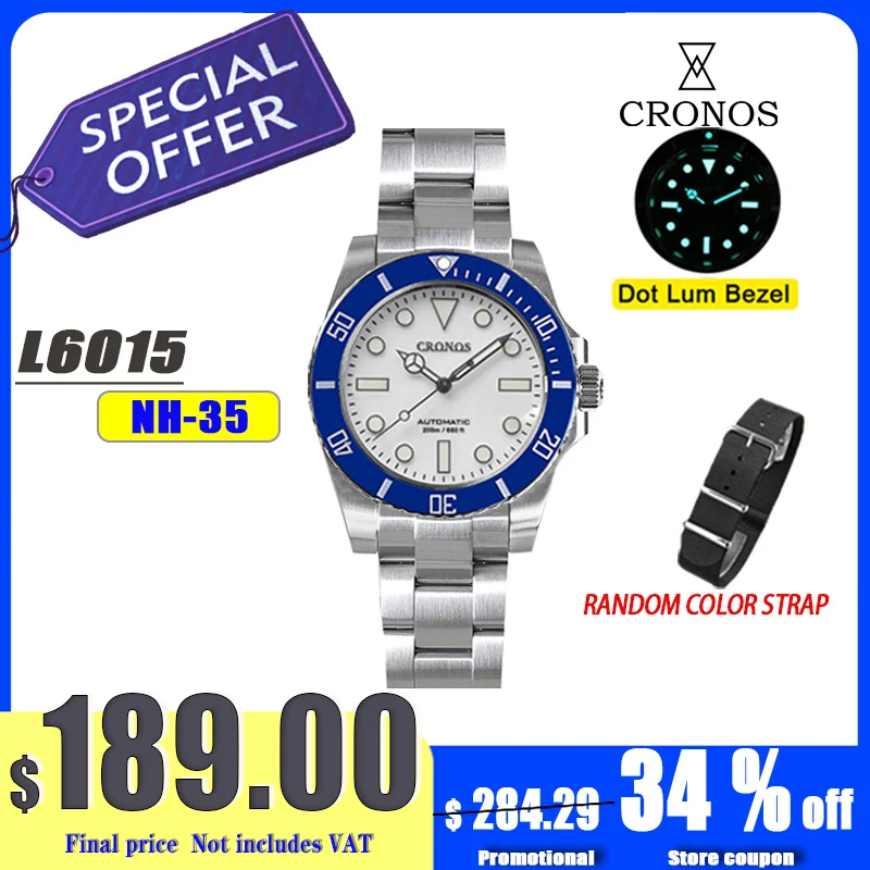 

Cronos Sub Diver Мужские роскошные деловые часы NH35 Автоматические механические часы с сапфировым стеклом 200 м Водонепроницаемая регулируемая застежка L6015M