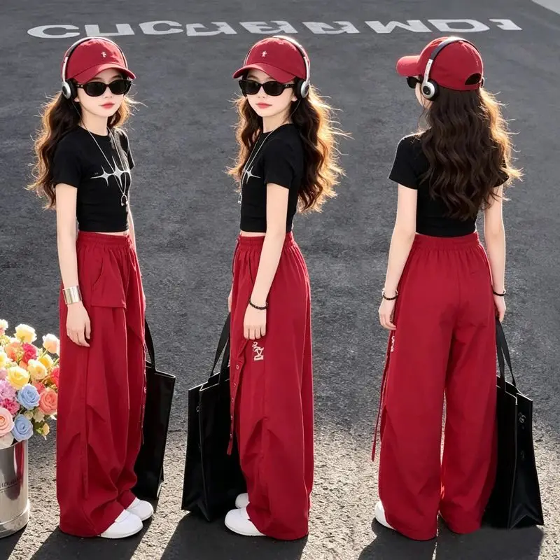 Summer Kids Girls 2Pcs Outfits Short Sleeve T Shirt Straight Cargo Pants Set Fashion Big Girls Teenage Casual Two Piece Clot 123