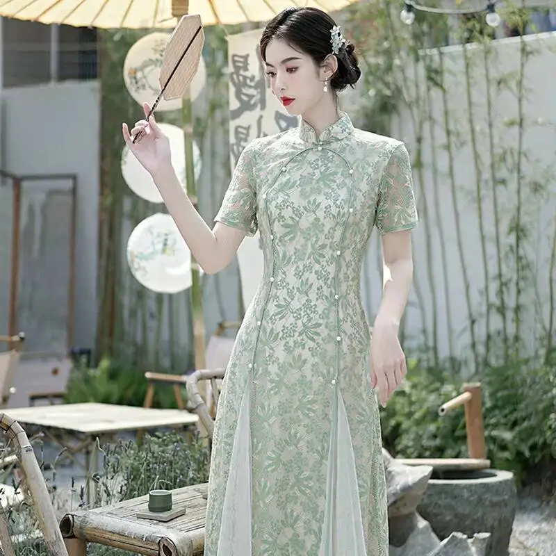 

2025 Summer New Loose Lace Daily Long Girl Young Style Temperament Chinese Retro Improved Dress