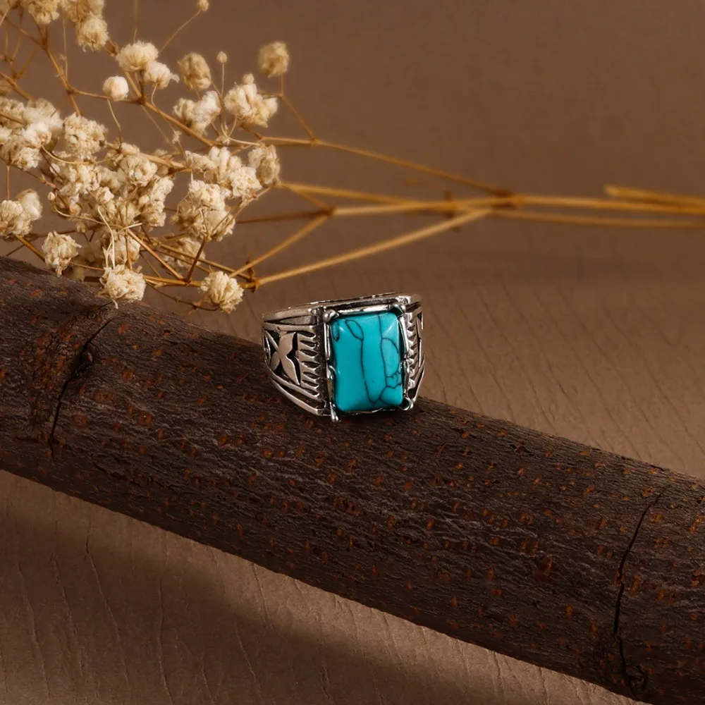 Trendy Antique Western Country Ring Alloy Jewelry Turquoise Ring Square Oval Vintage Ring Overlay