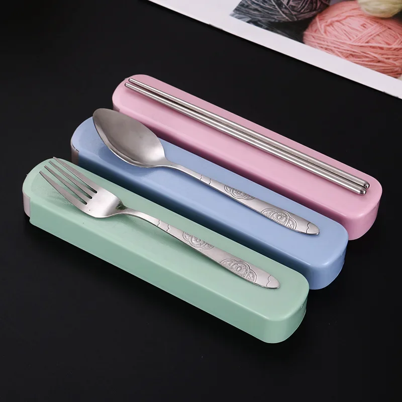 3PCS  Portable Stainless Steel Cutlery Suit with Storage Box China Chopstick Fork Spoon Knife High Quality Travel Tableware Set