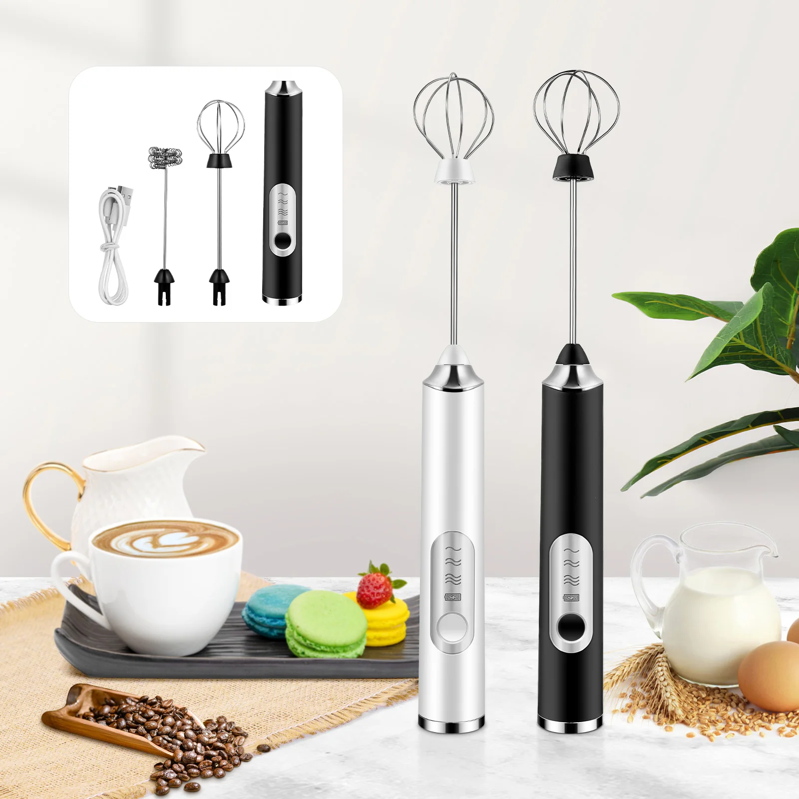 

Electric Whisk Milk Frother Handheld Mixer Egg Beater Drink Blender Plastic Stainless Steel Rechargeable USB Long Life