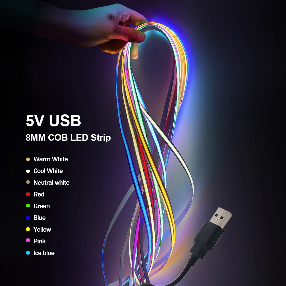 DC 5V LED COB Strip Light 320Leds/M Width 8mm High Density With USB Flexible Tape Lights for Bedroom Home Decor Lamp Lighting