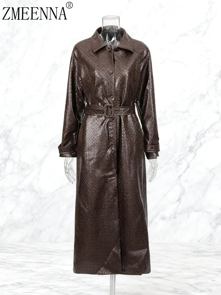 

ZMEENNA Women's Elegant Brown Faux Leather Trench Coat Woven Texture Button Down Collared Belted Waist Long Outerwear ZM4242